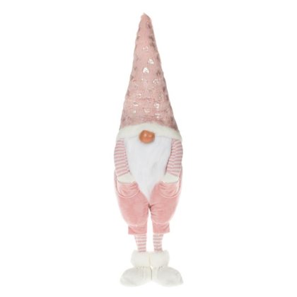 Figurina Decorativa Gnome de Craciun cu Salopeta Roz Blana Maini in Buzunare 70cm