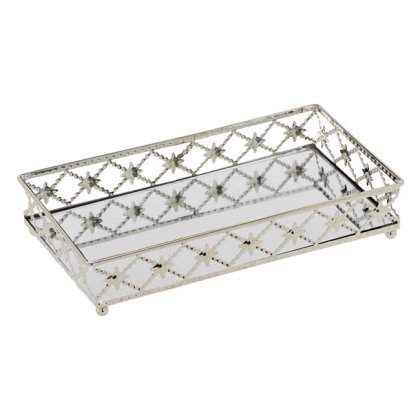 Suport Dreptunghiular Tava cu Oglinda & Margine Argintie cu Romburi pentru Lumanari 25x14.5x4cm