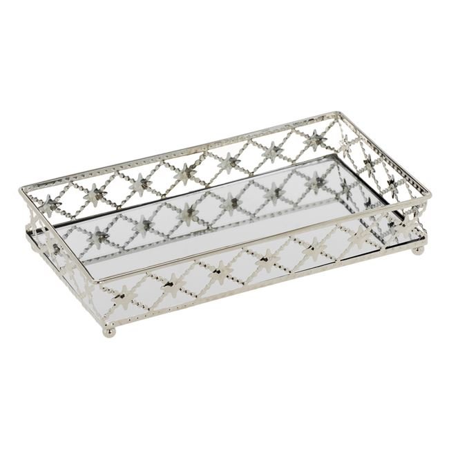 Suport Dreptunghiular Tava cu Oglinda & Margine Argintie cu Romburi pentru Lumanari 25x14.5x4cm