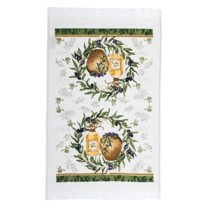 Prosop din Bumbac Alb cu Model Masline Ulei pentru Bucatarie 60x35cm