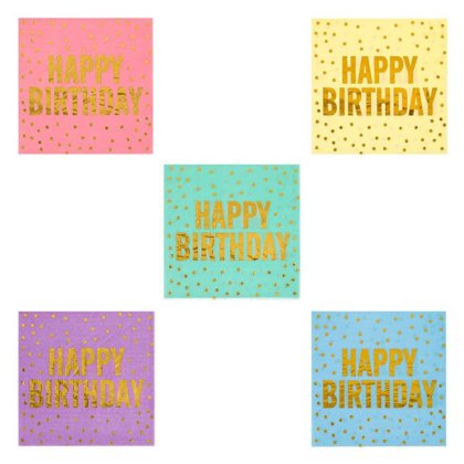 Servetele de Masa cu 2 Straturi de Culori Pastelate cu Folie Aurie Happy Birthday 33x33cm - 25buc