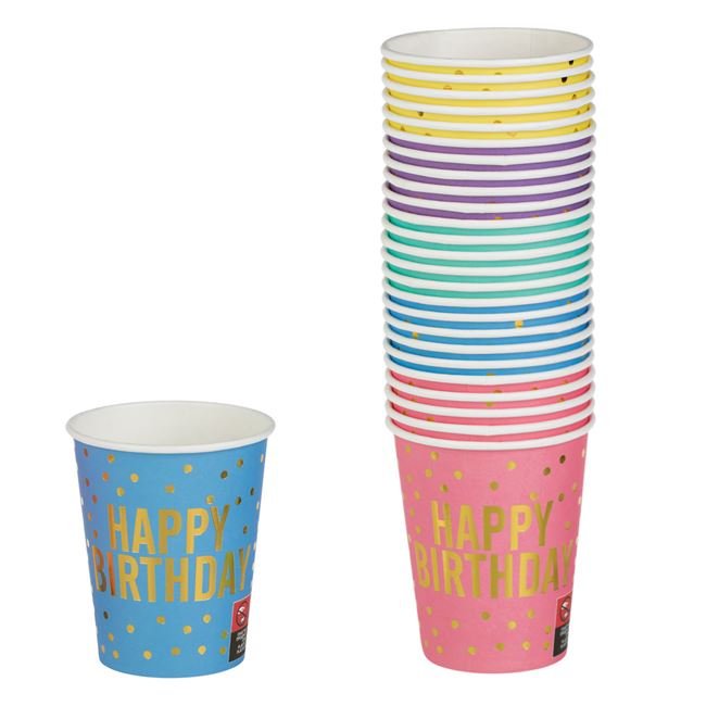 Pahare de Petrecere din Carton de Culori Pastelate cu Folie Aurie Happy Birthday 240ml - 25buc