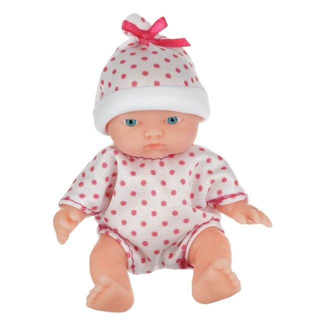 Papusa Bebelus cu Body Alb cu Buline Roz & Caciulita 12cm
