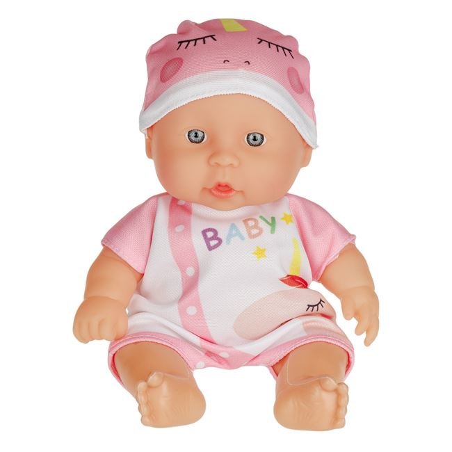 Papusa Bebelus cu Salopeta Roz Alba Unicorn 22cm