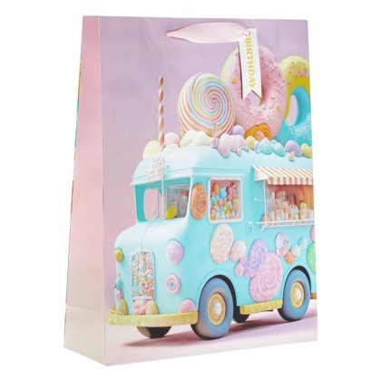 Sacosa Cadou din Hartie Roz cu Masina Donuts pentru Copii 32x11.5x42cm