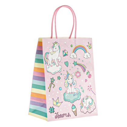 Sacosa Cadou din Carton Kraft Roz Unicorn Curcubeu 18x10x23cm