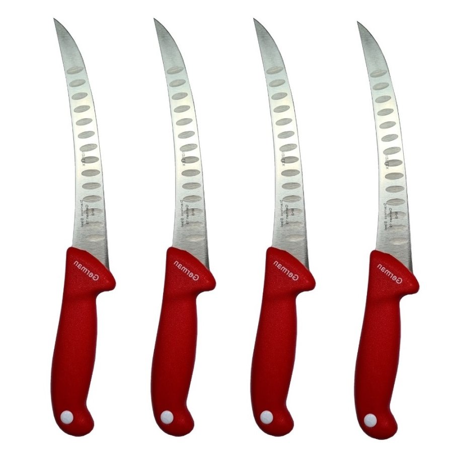 Set Profesional pentru macelarie format din 4 cutite filetat, lama curbata cu alveole, otel inoxidabil, Rosu