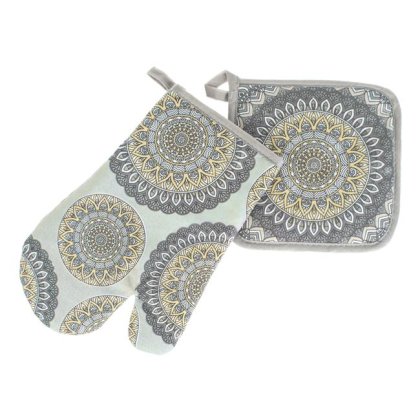 Set Manusa & Servet de Bucatarie Gri cu Mandala Galben - 2buc