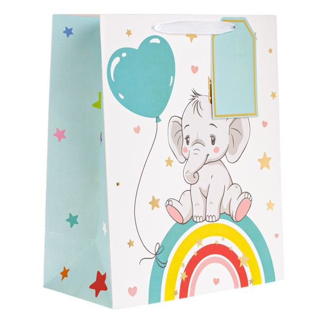 Sacosa Cadou din Hartie Alba Elefant Curcubeu Inima Verde Folie Aurie 26x14.5x32cm
