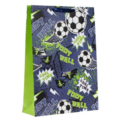 Sacosa Cadou din Hartie Albastra Verde Fotbal pentru Copii 33x10x45cm