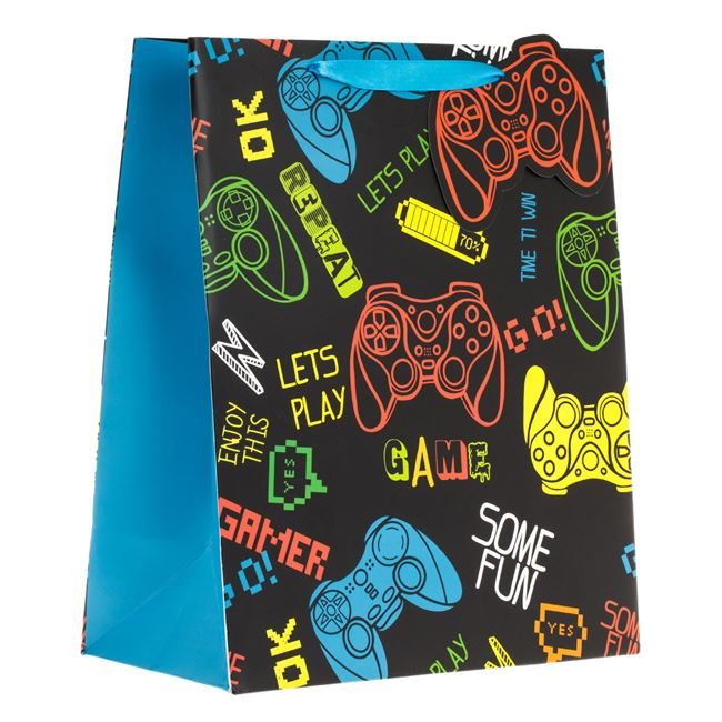 Sacosa Cadou din Hartie Neagra Albastra Game pentru Copii 26x14x32cm