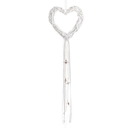 Inima Decorativa Suspendabila din Lemn Alb cu Dantela & Sfoara cu Flori 29x4x118cm