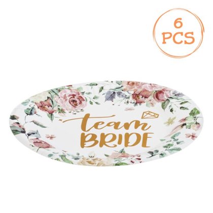 Farfurii din Carton Alb cu Flori din Folie Roz Aurie Team Bride Ø18cm - 6buc