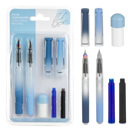 Set Stilouri Bleu cu Cerneala Termosensibila Albastra Neagra & Dispozitiv de Curatat Penita