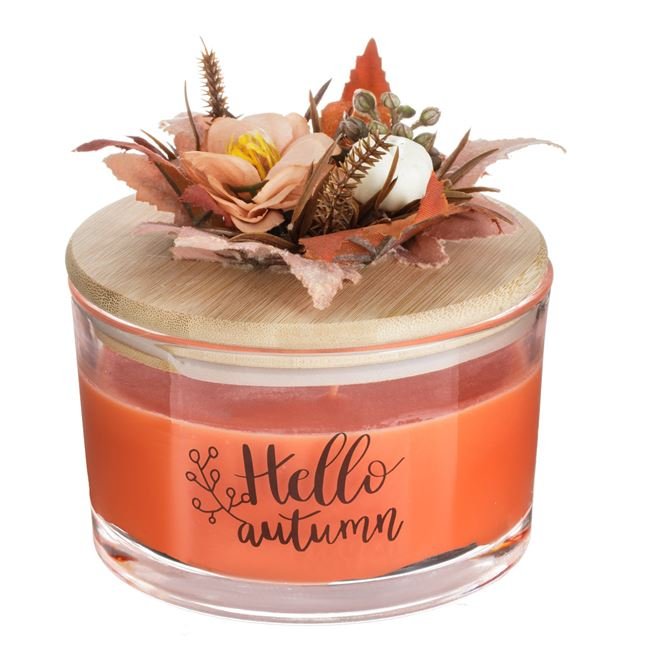 Lumanare Somon cu Aroma de Miere in Recipient de Sticla Transparenta & Capac cu Frunze Ø13x8cm