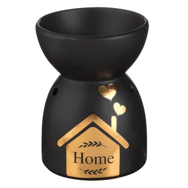 Suport Ceramic Negru Mat cu Model Perforat Floare & Mesaj din Folie Aurie pentru Ulei Parfumat Ø8x11cm