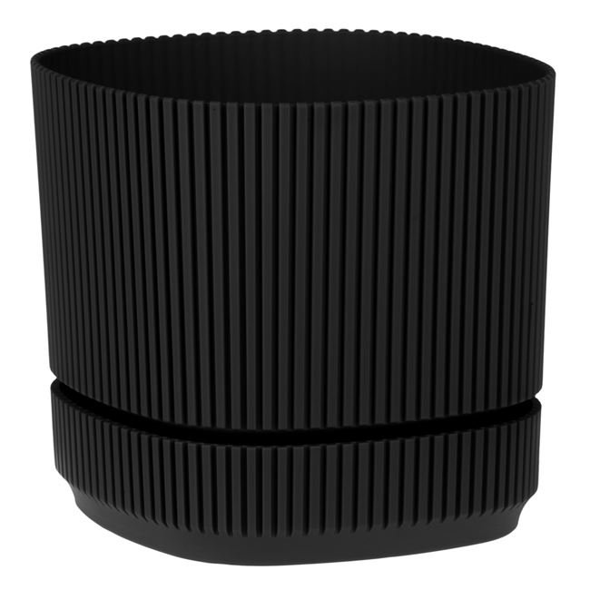 Ghiveci din Plastic Patrat Negru cu Dungi & Farfurie Incorporata 21x21x19cm - 4.6L