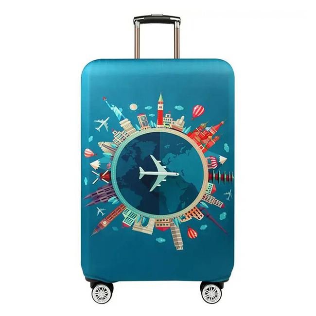 Husa de Protectie Verde cu Model Avion & Diverse Monumente pentru Valiza - 63.5x71cm