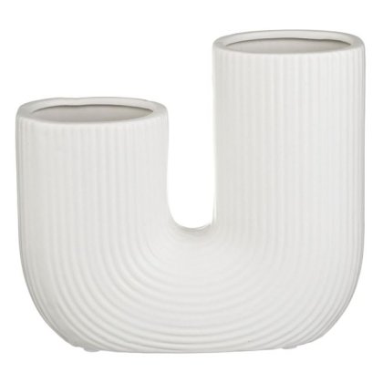 Vaza Ceramica Alba Dubla cu Dungi Reliefate 18x6x16.5cm