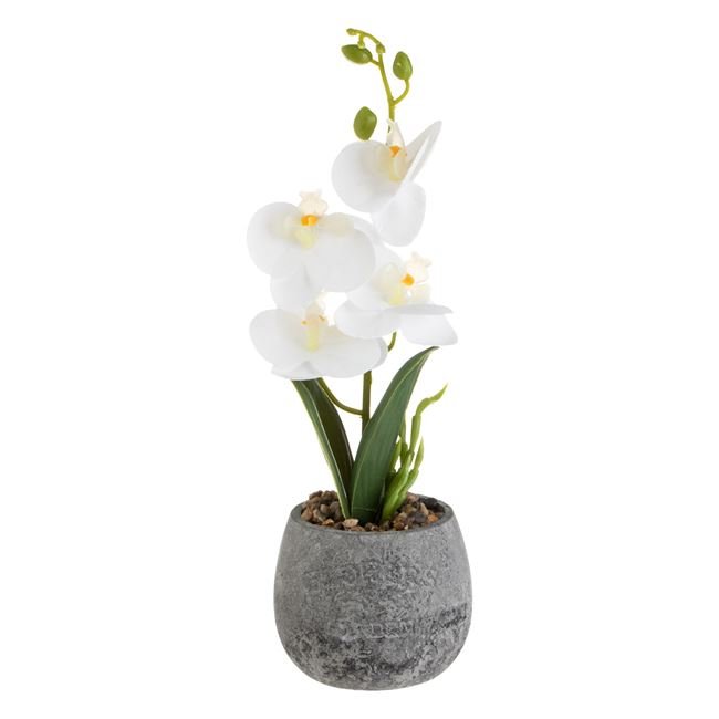 Ghiveci Decorativ Gri Ceramic cu Floare Artificiala Orhidee Alba Ø10x30cm
