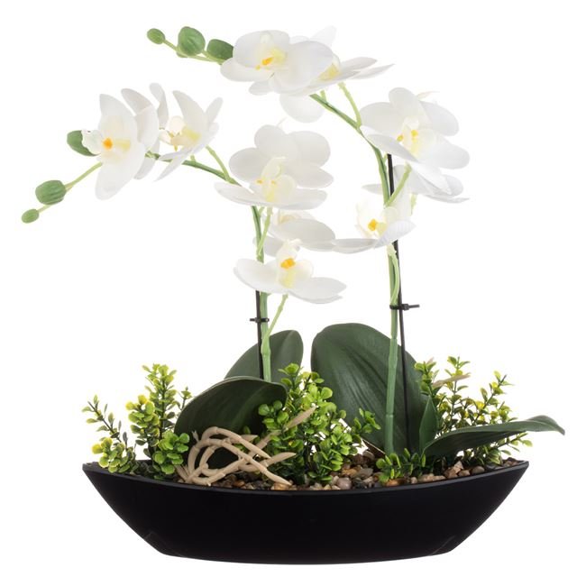 Ghiveci Decorativ Negru Forma Barca cu Floare Artificiala Orhidee Alba 27x9x30cm
