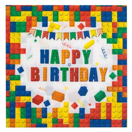Servetele de Masa de Petrecere cu 1 Strat Albe Caramizi Colorate Happy Birthday 33x33cm - 20buc