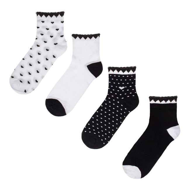 Sosete Quart Negre Albe Inimi Buline pentru Femei - 4 perechi