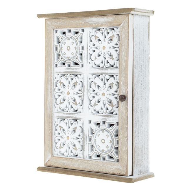 Dulapior din Lemn Alb Brushed cu Model Reliefat pentru Chei 21x28.5x7cm