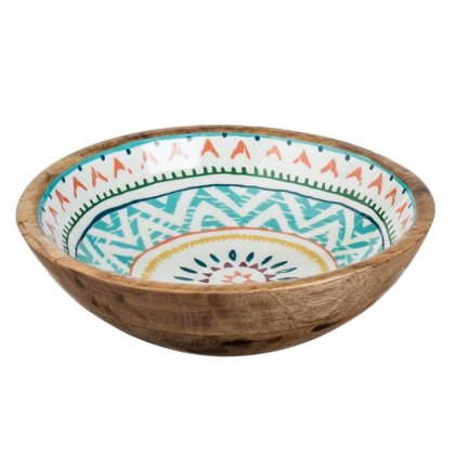 Bol din Lemn Emailat cu Model Colorat Aztec Ø25x8cm
