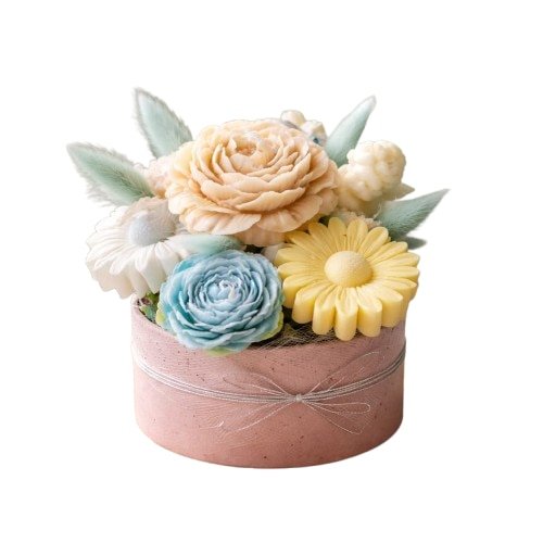 Aranjament floral VICTINY® Buchet din flori de ceara naturala 100% de soia parfumata si plante uscate in cos alb sau natur model 004