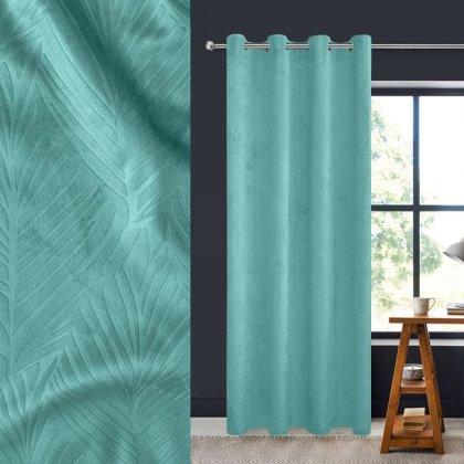 Perdea Decorativa Velvet Petrol cu Model Frunze Tropicale Reliefate & Inele 140x260cm