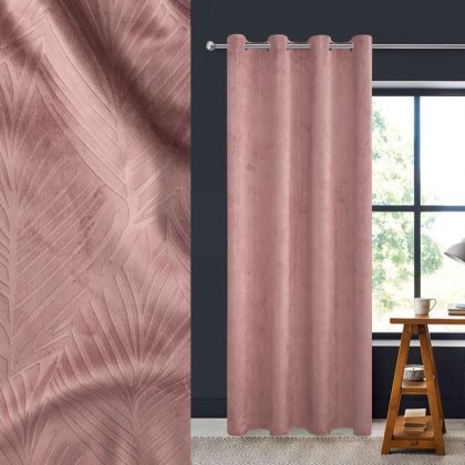 Perdea Decorativa Velvet Roz Nude cu Model Reliefat Frunze Tropicale & Inele 140x260cm
