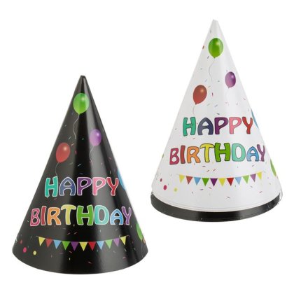 Coifuri de Petrecere din Carton Negru cu Baloane Colorate & Imprimeu Happy Birthday 16cm - 6buc