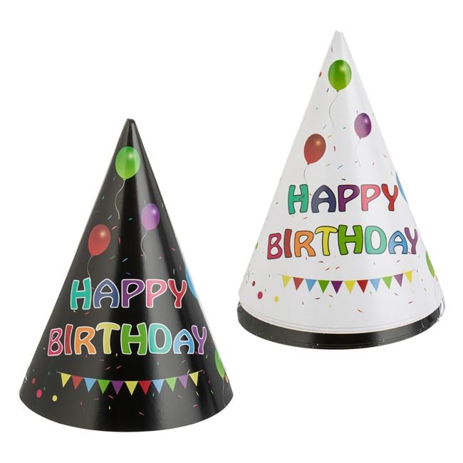 Coifuri de Petrecere din Carton Negru cu Baloane Colorate & Imprimeu Happy Birthday 16cm - 6buc