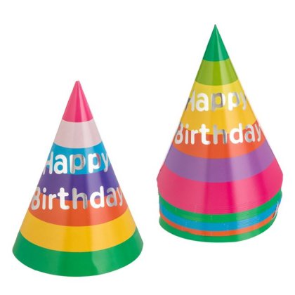 Coifuri de Petrecere din Carton Colorate cu Dungi Imprimeu Argintiu din Folie Happy Birthday 16cm - 20buc