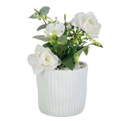 Ghiveci Decorativ din Ciment Alb cu Planta Artificiala Trandafiri Albi Ø11x21cm
