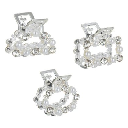 Set Clame Par de Culoare Argintie cu Margele Albe & Strass 2.5cm - 3buc