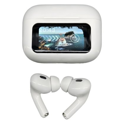 Casti intraauriculare Bluetooth cu afisaj (alb), Calitate sunet HD, Comenzi tactile inteligente, Indicator LED pentru baterie, Carcasa de incarcare portabila