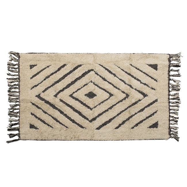 Covoras Decorativ de Iarna din Bumbac Bej cu Model Diamant & Franjuri 90x60cm