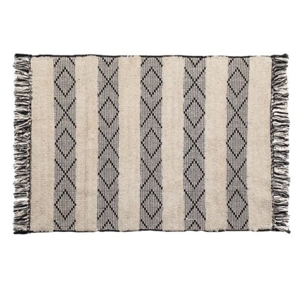 Covoras Decorativ de Iarna din Bumbac Bej Negru cu Dungi & Franjuri 110x80cm