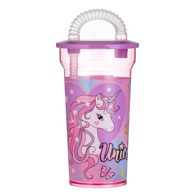 Pahar cu Pai din Plastic Roz Unicorn 400ml