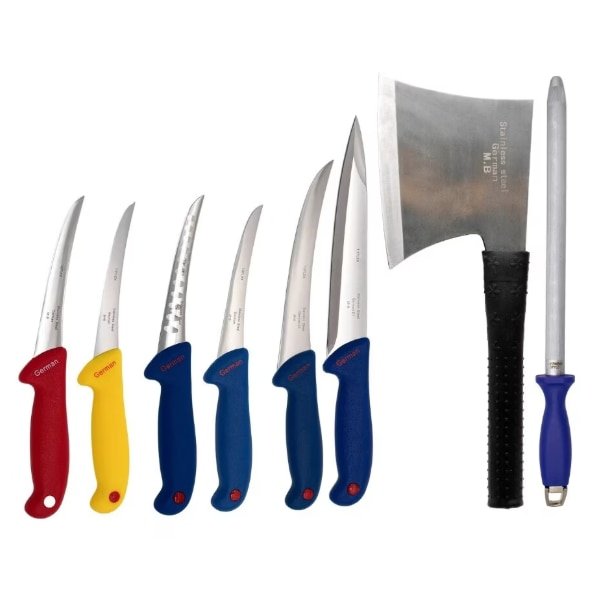 Set 8 unelte profesionale macelarie, VICTINY, cutit injunghiat, cutit filetat, 4 cutite dezosat, satar, masat, otel