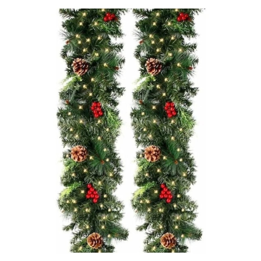 Ghirlanda artificiala de Craciun 270 cm VICTINY, pin verde cu conuri si fructe rosii, iluminata cu 50 LED-uri