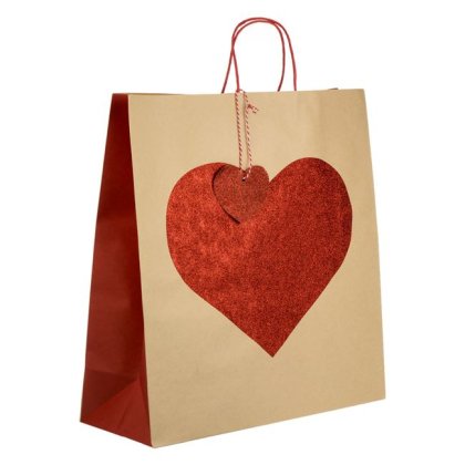 Sacosa Cadoi Kraft Maro cu Inima Rosie cu Glitter 43x16x45cm