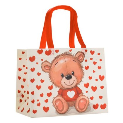Sacosa PP Ursulet cu Inimi Rosii 31x16x25cm