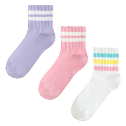Sosete Sport Fancy Mid Cut Albe Roz Lila cu Dungi - 3 perechi