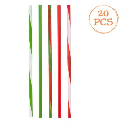 Paie Reutilizabile din Plastic Rosu cu Dungi Verzi de Craciun Ø6x200mm - 20buc