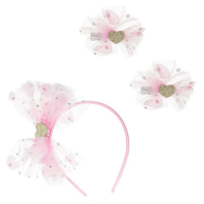 Set Coronita & Clama Par cu Fundite Tul Roz Glitter Auriu Inima pentru Copii - 3buc