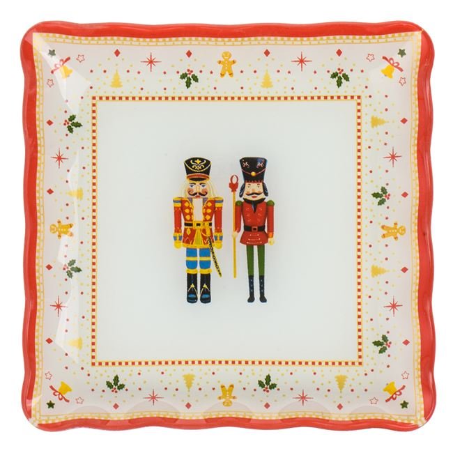 Farfurie Patrata de Craciun din Sticla cu Model Spargatorul de Nuci pentru Desert 17x17cm