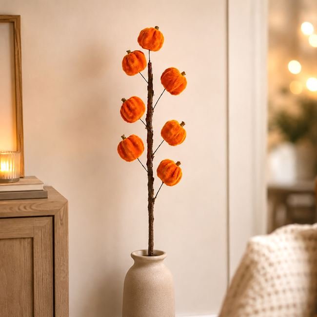 Floare Artificiala cu Tulpina Lunga & 7 Dovleci Catifelati Portocalii 77cm